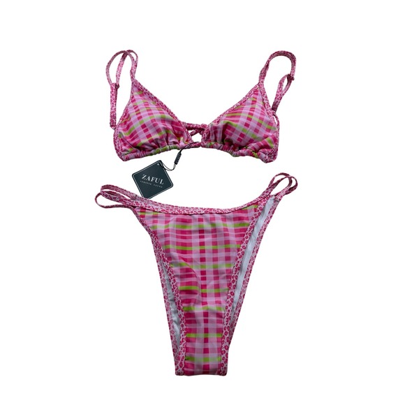 Zaful Other - Y2K Bikini Set Pink Gingham Leopard Print Triangle Swimsuit Cutie Barbie Beach M